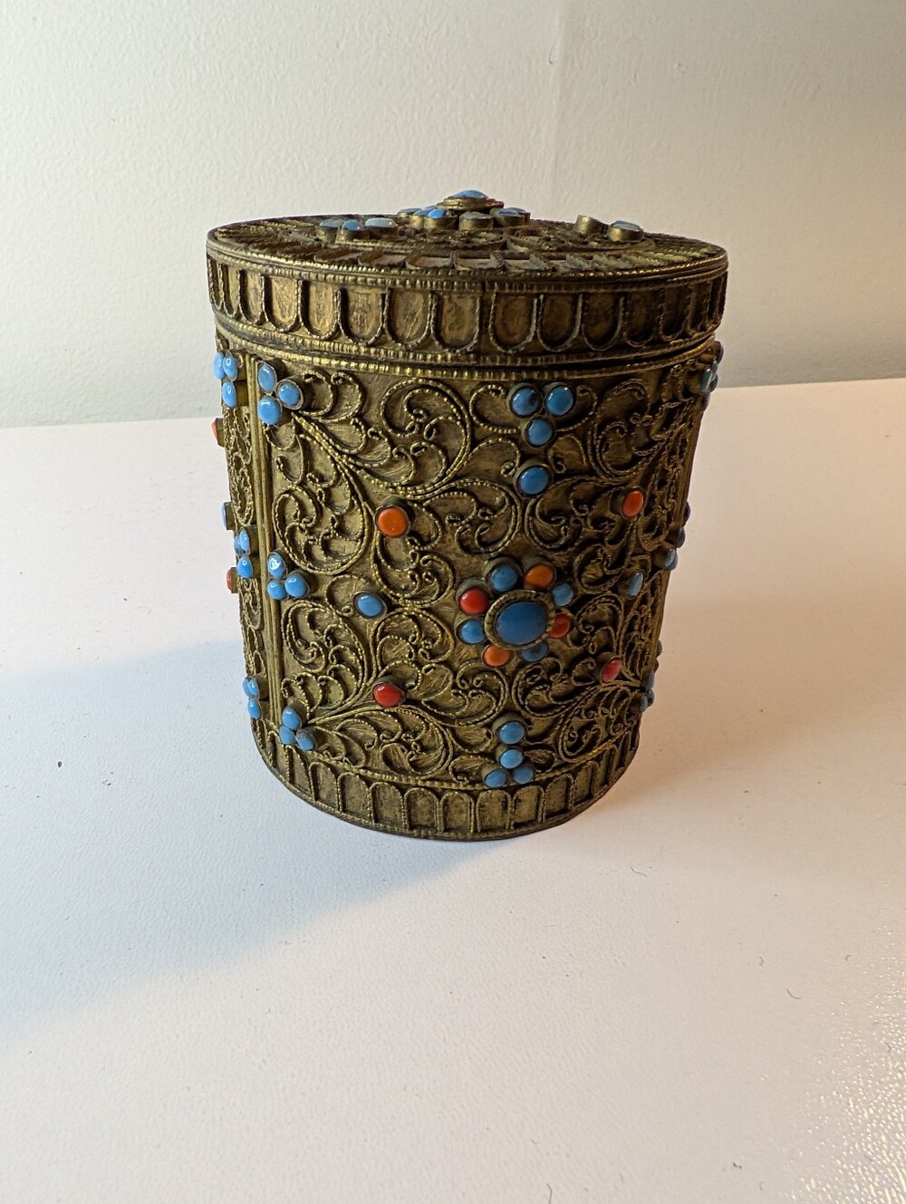 Vintage Tibetan Chinese Brass Metal Trinket Box Turquoise Cabochon Inlay